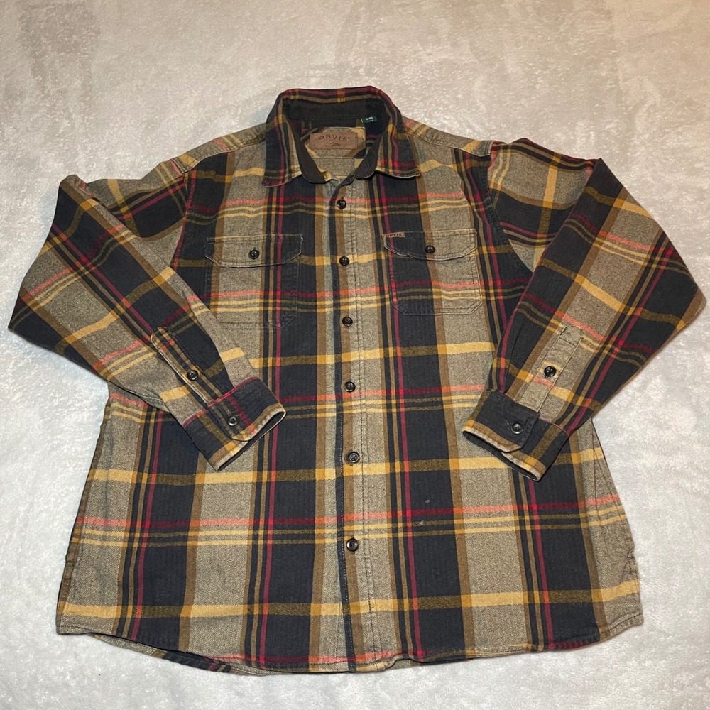 Orvis Shirt Jacket Mens XL Brown Plaid Flannel Herringbone Cotton Lined